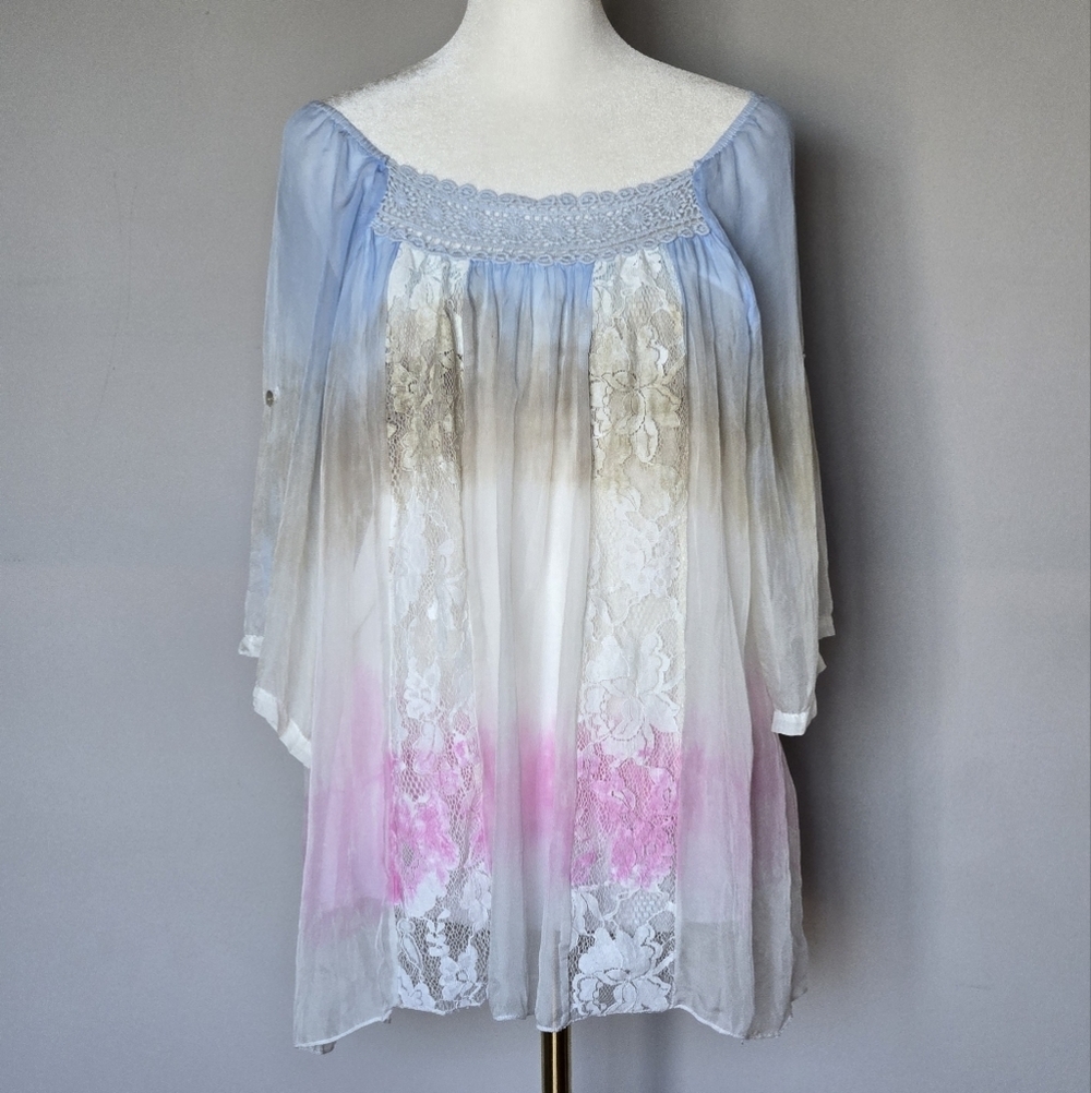 Fantazia 100% Silk Ombre Sheer Lace Fairycore Balletcore Whimsy Tunic Top Size M